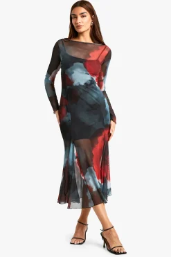 boohoo Robe mi-longue fleurie en mesh<Femme Robes Patineuses|Robes À Manches Longues