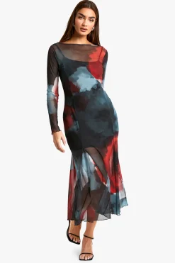 boohoo Robe mi-longue fleurie en mesh<Femme Robes Patineuses|Robes À Manches Longues