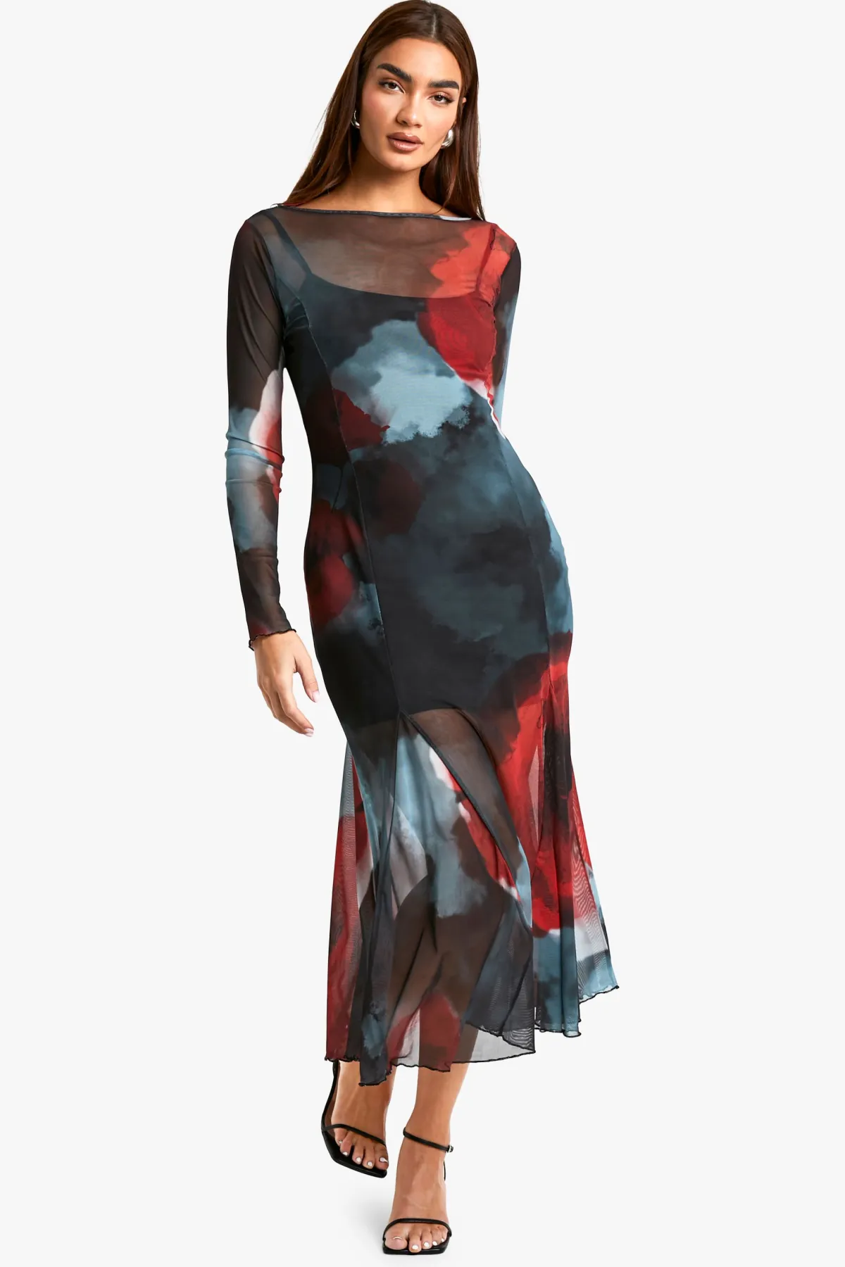 boohoo Robe mi-longue fleurie en mesh<Femme Robes Patineuses|Robes À Manches Longues