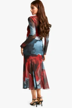 boohoo Robe mi-longue fleurie en mesh<Femme Robes Patineuses|Robes À Manches Longues