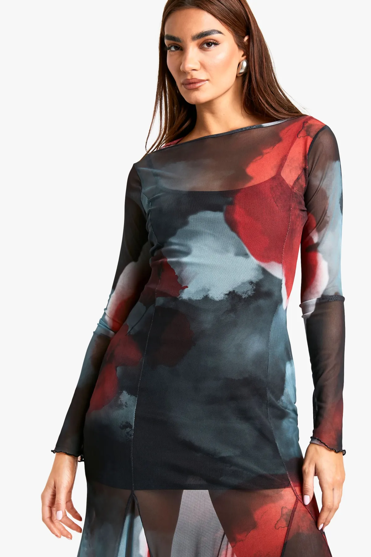 boohoo Robe mi-longue fleurie en mesh<Femme Robes Patineuses|Robes À Manches Longues