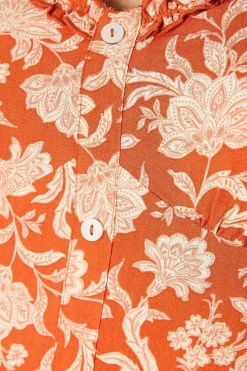 Robe Mi-longue Florale à Col Volants et Boutonnage Devant