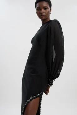 Robe Mi-Longue à Forme Ajustée et Manches en Mousseline Ornementées