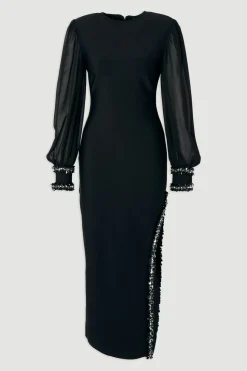 Robe Mi-Longue à Forme Ajustée et Manches en Mousseline Ornementées