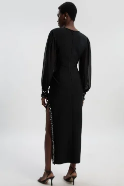 Robe Mi-Longue à Forme Ajustée et Manches en Mousseline Ornementées