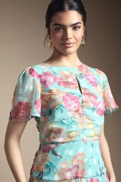 Robe Mi-Longue Froncée à Motifs Floraux Dévorés