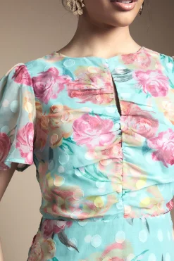 Robe Mi-Longue Froncée à Motifs Floraux Dévorés