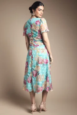 Robe Mi-Longue Froncée à Motifs Floraux Dévorés
