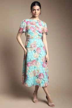 Robe Mi-Longue Froncée à Motifs Floraux Dévorés