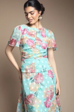Robe Mi-Longue Froncée à Motifs Floraux Dévorés