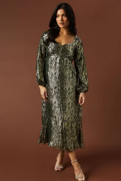 Oasis Robe Mi-Longue Froncée Métallisée d'Occasion<Femme Robes Mi-Longues|Robes À Manches Longues