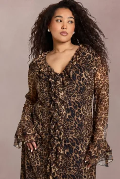 Robe Mi-Longue Grande Taille en Mousseline Léopard à Volants