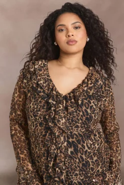 Robe Mi-Longue Grande Taille en Mousseline Léopard à Volants