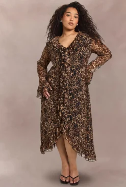Robe Mi-Longue Grande Taille en Mousseline Léopard à Volants