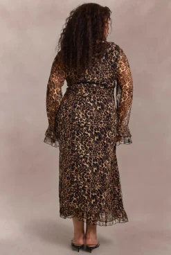 Robe Mi-Longue Grande Taille en Mousseline Léopard à Volants