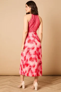 Robe Mi-Longue Imprimée à Col Halter en Dentelle
