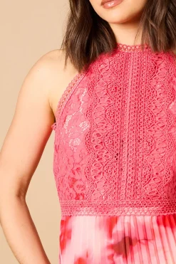 Robe Mi-Longue Imprimée à Col Halter en Dentelle