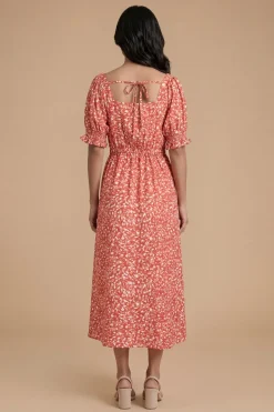Robe Mi-longue Imprimée À Encolure Cœur Et Manches Bouffantes