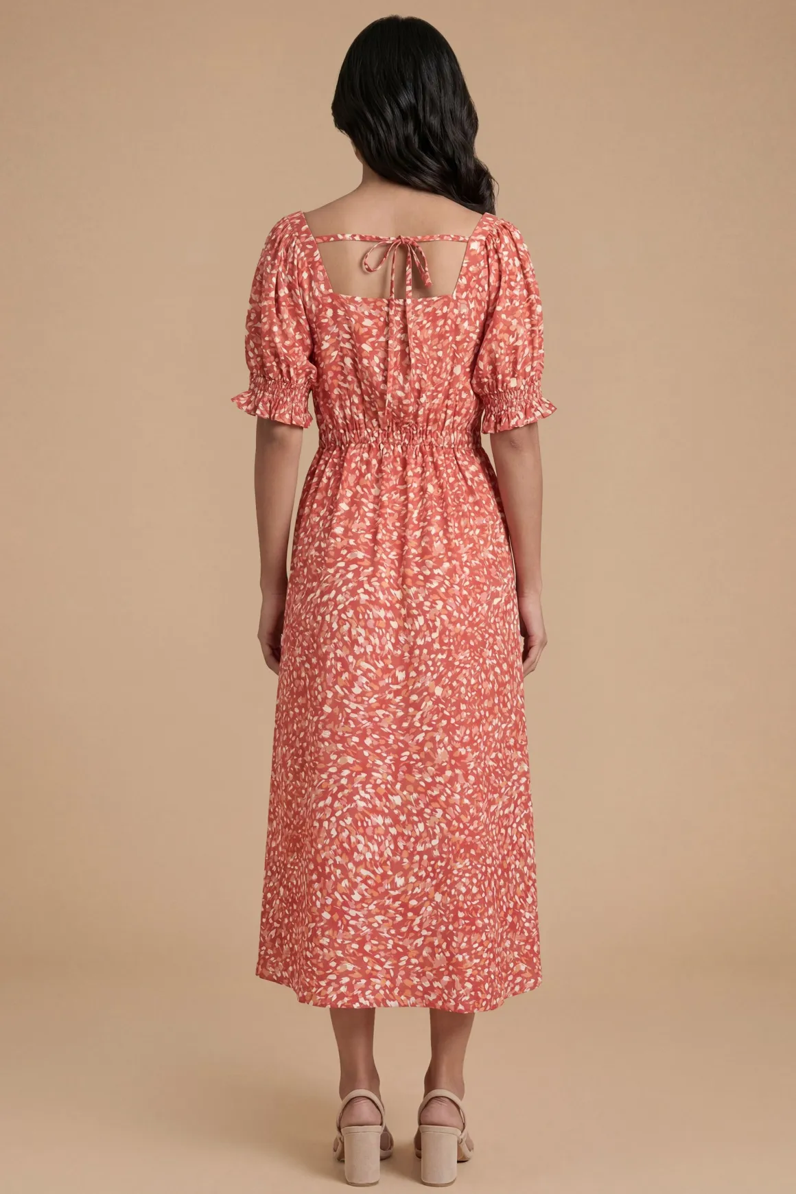 Robe Mi-longue Imprimée À Encolure Cœur Et Manches Bouffantes
