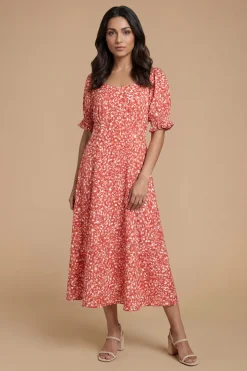 Robe Mi-longue Imprimée À Encolure Cœur Et Manches Bouffantes