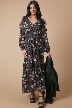 Robe Mi-Longue Imprimée Florale Métallisée à Épaules Dénudées pour Occasion Spéciale