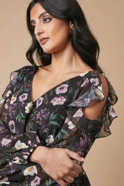 Robe Mi-Longue Imprimée Florale Métallisée à Épaules Dénudées pour Occasion Spéciale