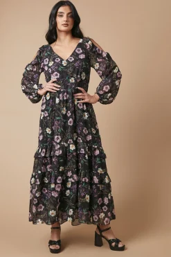 Robe Mi-Longue Imprimée Florale Métallisée à Épaules Dénudées pour Occasion Spéciale