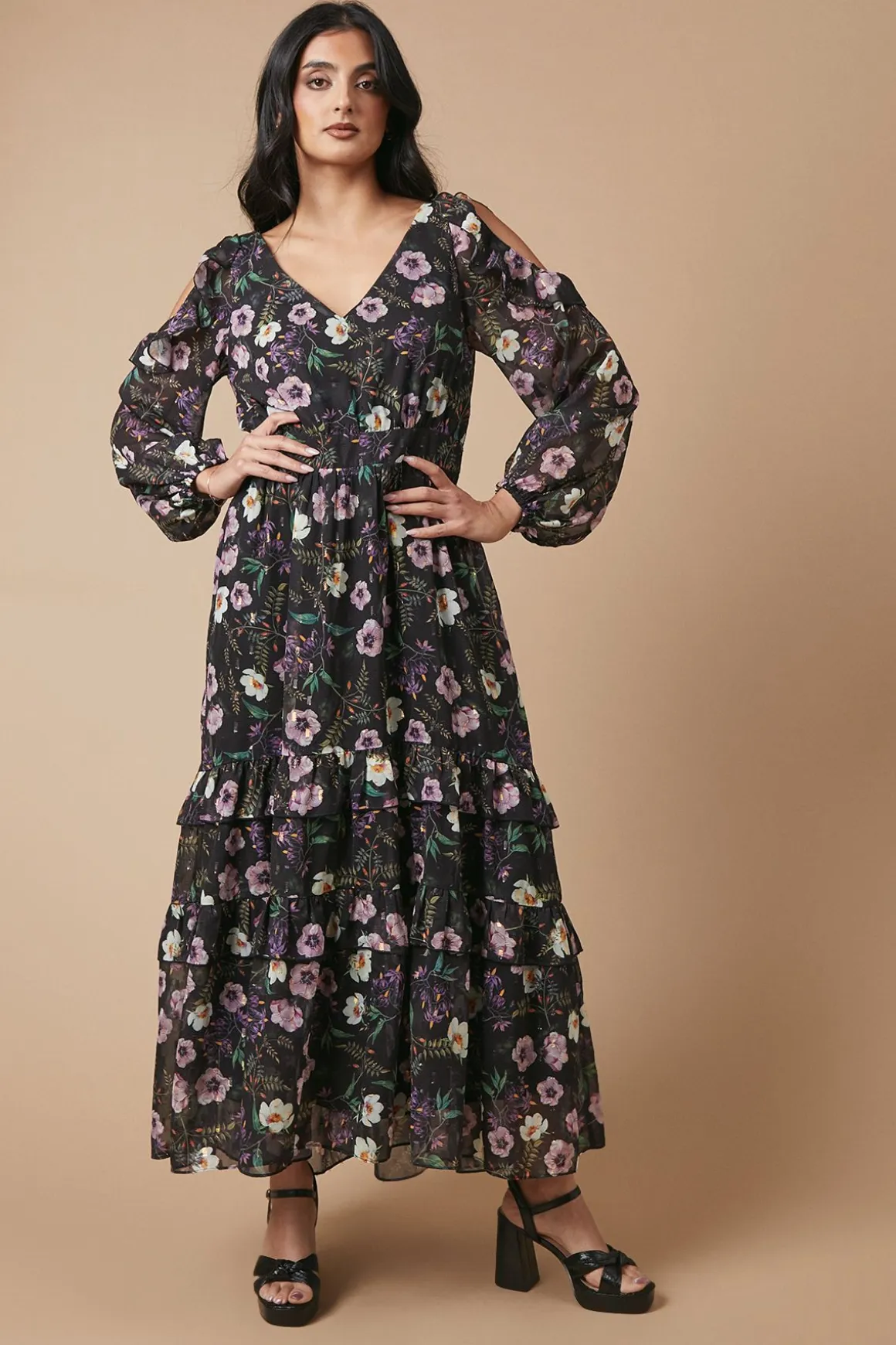 Robe Mi-Longue Imprimée Florale Métallisée à Épaules Dénudées pour Occasion Spéciale