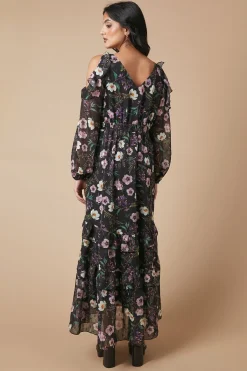 Robe Mi-Longue Imprimée Florale Métallisée à Épaules Dénudées pour Occasion Spéciale