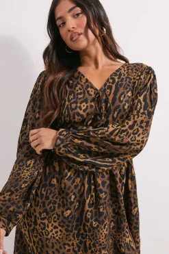 Robe Mi-longue Imprimée à Manches Bouffantes et Nœud Devant Motif Léopard Animal Petite