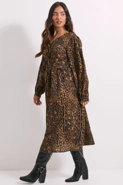 Robe Mi-longue Imprimée à Manches Bouffantes et Nœud Devant Motif Léopard Animal Petite