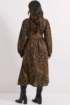 Robe Mi-longue Imprimée à Manches Bouffantes et Nœud Devant Motif Léopard Animal Petite