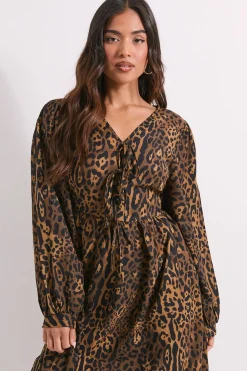 Robe Mi-longue Imprimée à Manches Bouffantes et Nœud Devant Motif Léopard Animal Petite