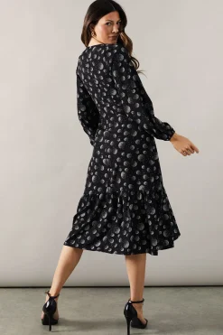 Robe Mi-longue Imprimée à Manches Longues avec Détail Volant