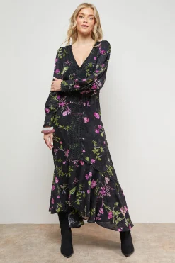 Robe Mi-longue Imprimée à Ourlet Asymétrique avec Détails de Dentelle