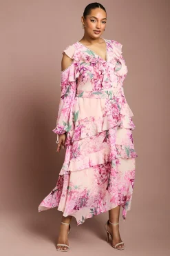 Coast Robe Mi-Longue Imprimée à Volants et Épaules Dénudées Grande Taille<Femme Toutes Les Robes|Robes Mi-Longues