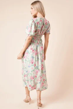 Robe Mi-longue à Imprimé Floral avec Corsage Froncé et Manches Bouffantes