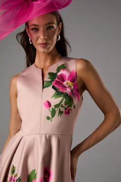 Robe Mi-Longue à Imprimé Placé et Encolure Crantée