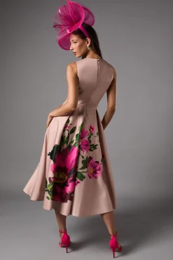 Robe Mi-Longue à Imprimé Placé et Encolure Crantée