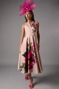 Robe Mi-Longue à Imprimé Placé et Encolure Crantée