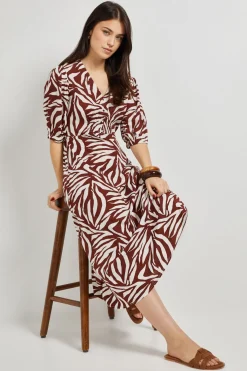Robe Mi-longue À Imprimé Zèbre Avec Fronces Sous Poitrine Et Manches Bouffantes