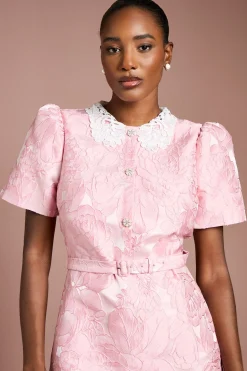 Robe Mi-Longue Jacquard à Col et Manches Bouffantes