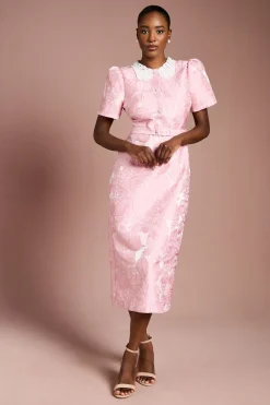 Robe Mi-Longue Jacquard à Col et Manches Bouffantes