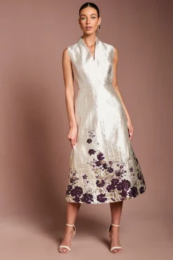 Robe Mi-Longue Jacquard à Encolure Échancrée et Imprimé Floral Bordé
