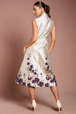 Robe Mi-Longue Jacquard à Encolure Échancrée et Imprimé Floral Bordé