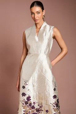 Robe Mi-Longue Jacquard à Encolure Échancrée et Imprimé Floral Bordé