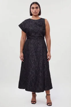 Robe Mi-longue Jacquard Grande Taille À Manche Asymétrique