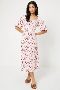 Robe Mi-longue Jersey Petite à Imprimé Fleuri avec Fronces Devant et Manches Bouffantes