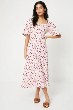 Robe Mi-longue Jersey Petite à Imprimé Fleuri avec Fronces Devant et Manches Bouffantes