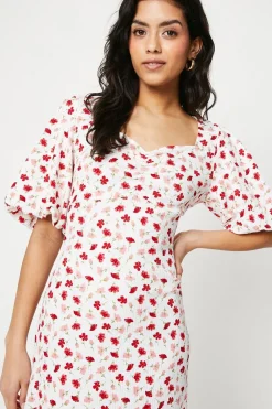 Robe Mi-longue Jersey Petite à Imprimé Fleuri avec Fronces Devant et Manches Bouffantes